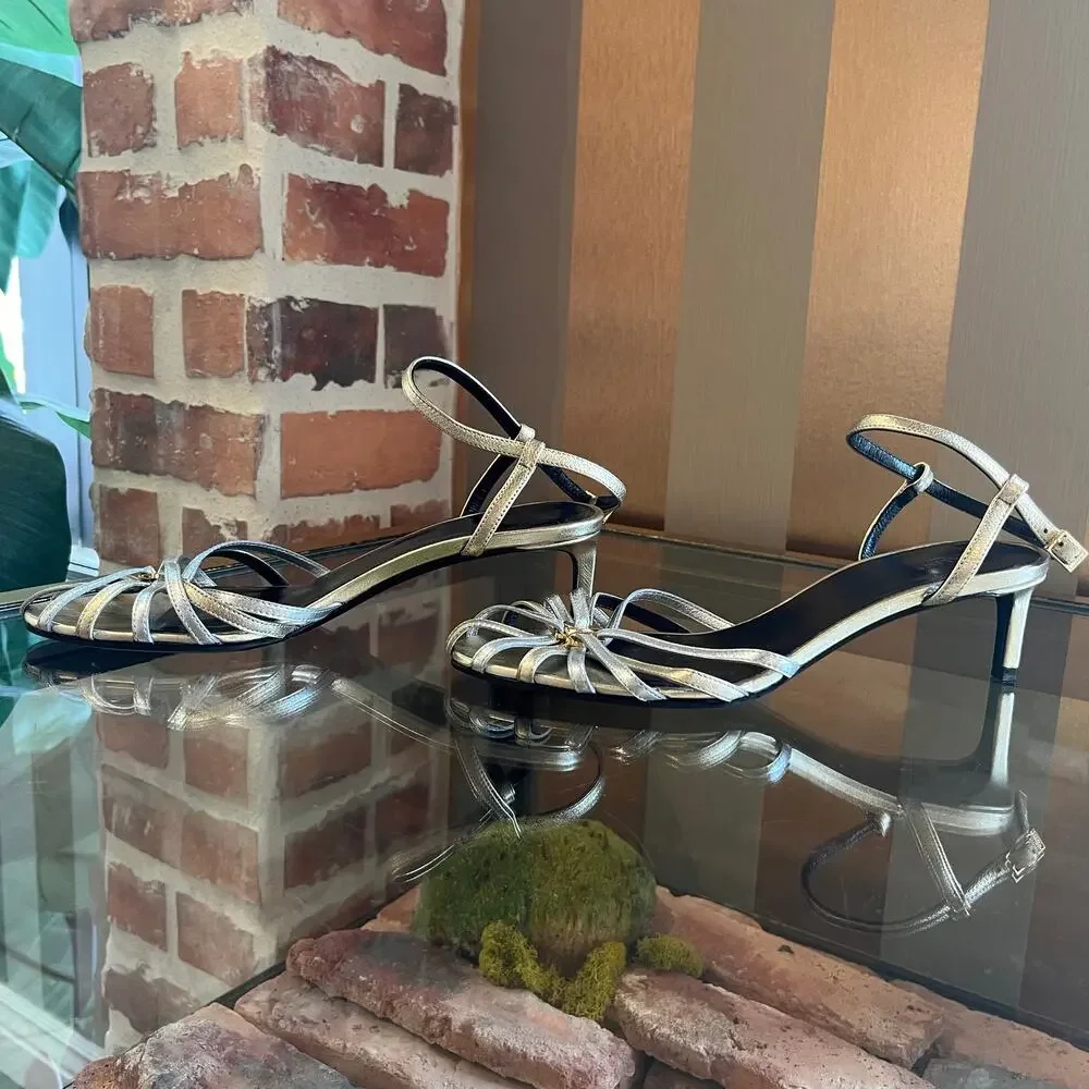 CELINE Metallic Gold/Silver Lambskin Triomphe Sandals SZ 36.5 (US 6.5) - Picture 3 of 11